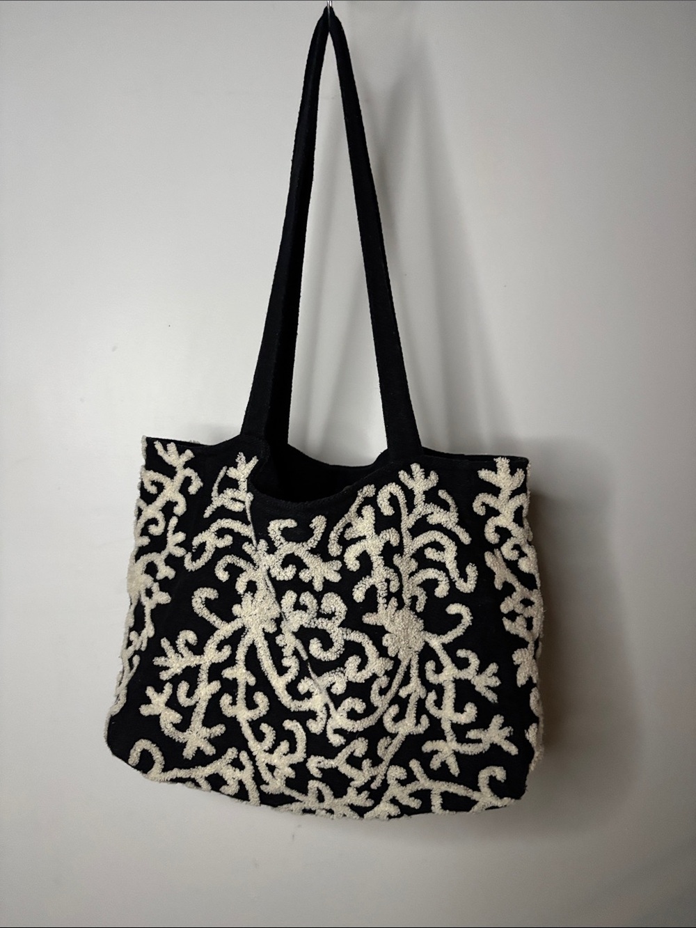 Vintage Suzani Wool Tote with Cream Floral Appliqué Snap Closure